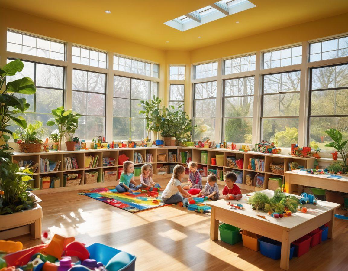 A vibrant, whimsical classroom scene filled with children joyfully playing and discovering, surrounded by colorful educational toys, books, and nature-inspired elements like plants and sunlight streaming through large windows. Include diverse children of different backgrounds engaged in creative activities like art and science experiments, with smiles and laughter. super-realistic. vibrant colors. bright natural light.