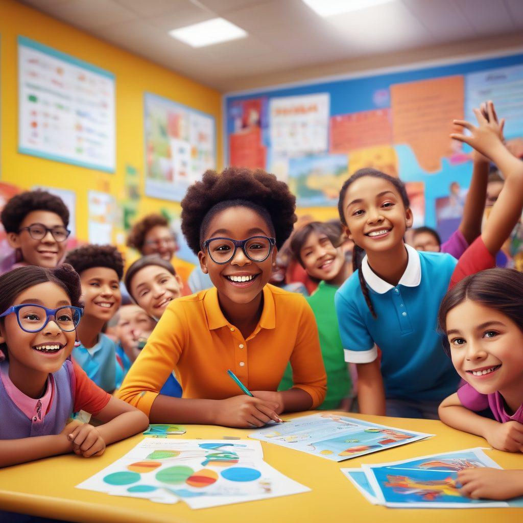 A vibrant classroom scene filled with engaged students of diverse backgrounds participating in interactive learning activities. Include a playful atmosphere with colorful posters, creative educational tools, and a teacher smiling while guiding the students. Emphasize laughter and collaboration among the students, showcasing the joy of learning. super-realistic. vibrant colors. 3D.