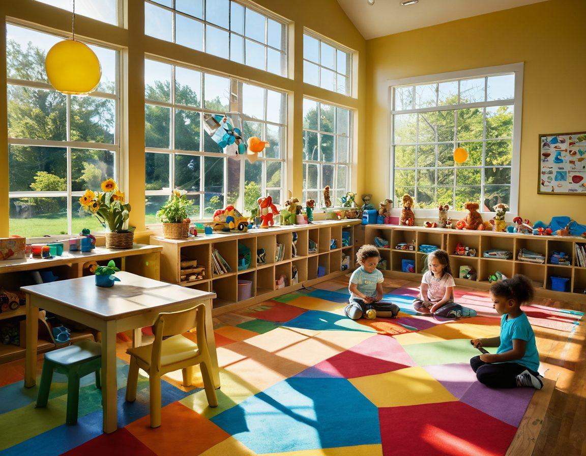 A whimsical classroom filled with children engaged in various creative activities; painting, building with blocks, and exploring nature. Colorful artwork adorns the walls, and sunlight streams through large windows, creating a warm, inviting atmosphere. Include playful elements like stuffed animals and vibrant plants to emphasize joy and learning. super-realistic. vibrant colors. soft focus.